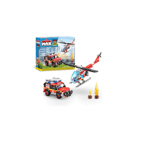 Fire rescue toy brick set with red fire truck, helicopter, and flames, 265 pieces