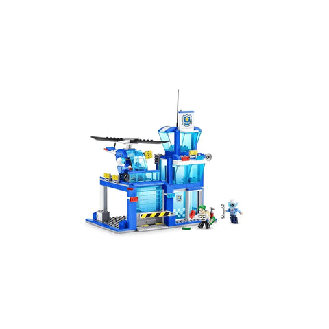 Police station building blocks playset with helicopter and mini figures