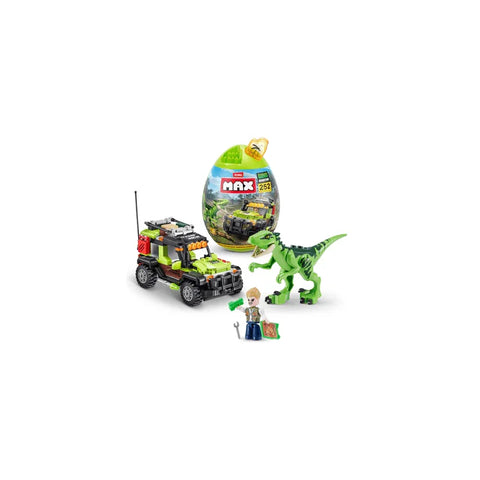 Dinosaur building toy set with green dino, adventure vehicle, minifigure, and egg capsule