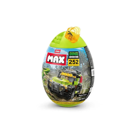 Dinosaur adventure toy egg capsule with 252 brick set and green vehicle on package