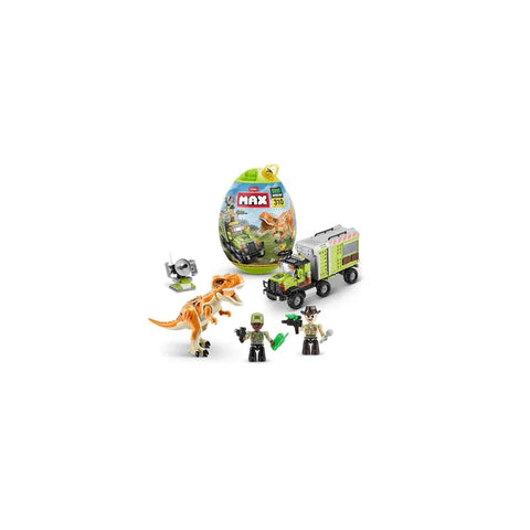 Dinosaur adventure brick toy set with egg capsule, truck, dinosaur figure, and minifigures.