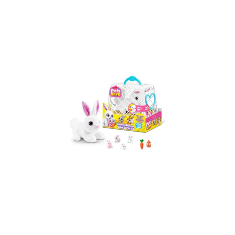 Plush bunny toy set with babies, toy accessories, and packaging for kids on white background