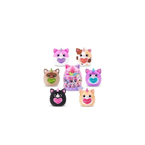 Colorful Rainbocorns Kitty Mania collectible egg toys arranged around packaging