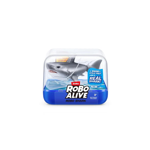 Robotic shark toy in packaging, realistic design, suitable for ages 3 and up