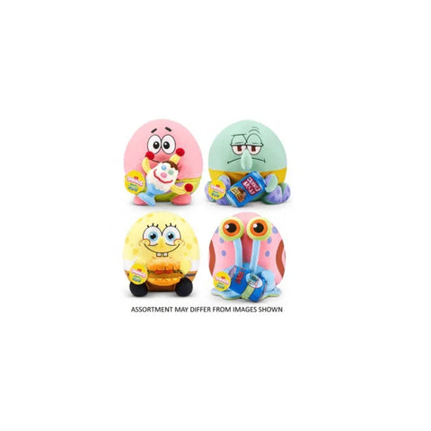 Assorted plush toys of SpongeBob SquarePants characters holding snacks, set of four.