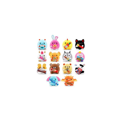 Assorted plush animal toys each holding miniature snack items, colorful collectible figures