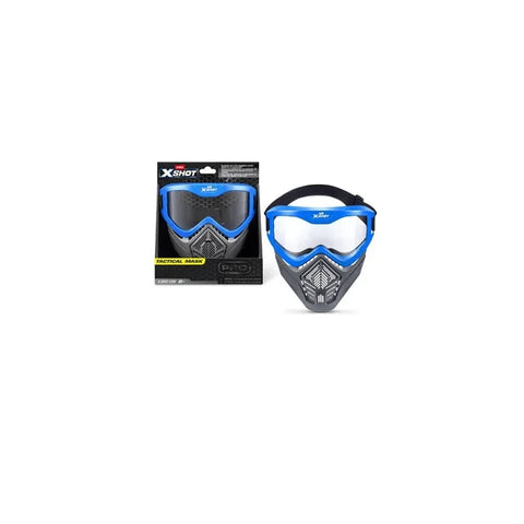 Blue and black tactical play mask with packaging, ideal for kids' games and toy battles.