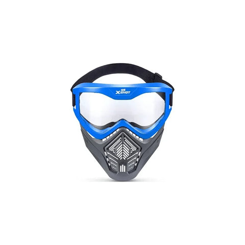 Blue and black toy tactical mask with clear eye shield and adjustable strap for kids' games