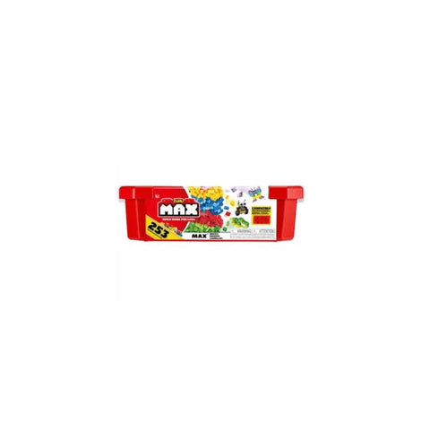 Red tub of 253 construction building bricks toy set for kids, colorful bricks visible on label.