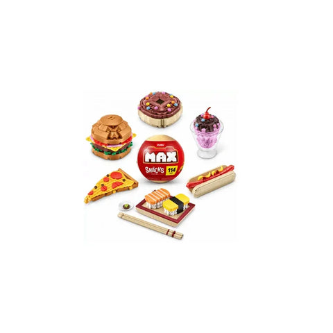 Zuru Max Snacks collectible mini food toys including burger, sushi, pizza, donut, ice cream, and hot dog