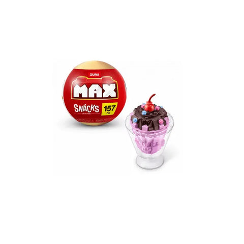 Zuru Max Snacks collectible toy with 157 pieces, featuring a buildable ice cream sundae with cherry topping