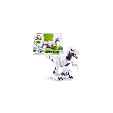 White robotic dinosaur toy with sharp claws and box packaging on a white background