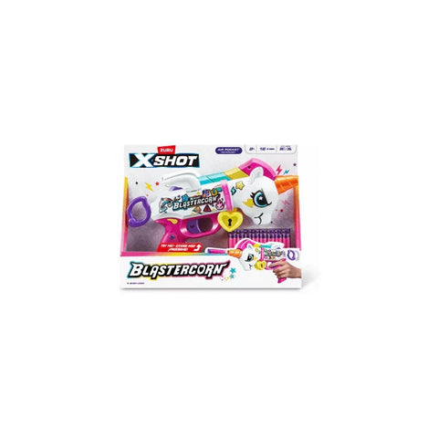 Colorful unicorn-themed dart blaster toy with 16 foam darts in packaging