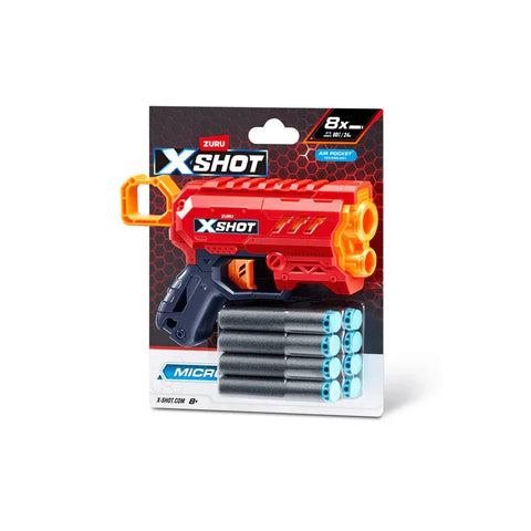 Red and orange toy dart blaster with eight foam darts in retail packaging