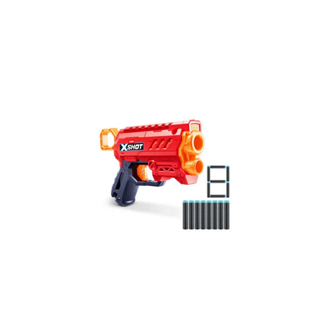 Red and orange toy dart blaster with 8 foam darts for kids