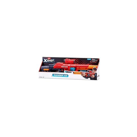 Red and orange XSHOT Ranger X8 toy blaster with 24 foam darts in retail packaging