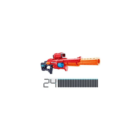 Toy blaster with orange barrel and 24 foam darts, ideal for kids' action games and play.