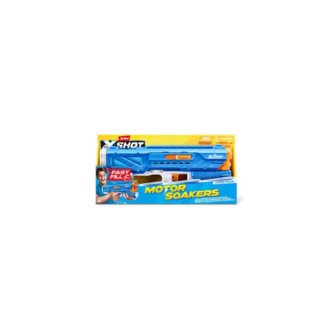 Blue motorized water blaster toy in packaging, labeled Motor Soakers, suitable for outdoor play.