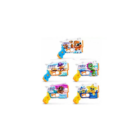 Assorted colorful water blaster toys with cartoon sea and pirate designs on white background