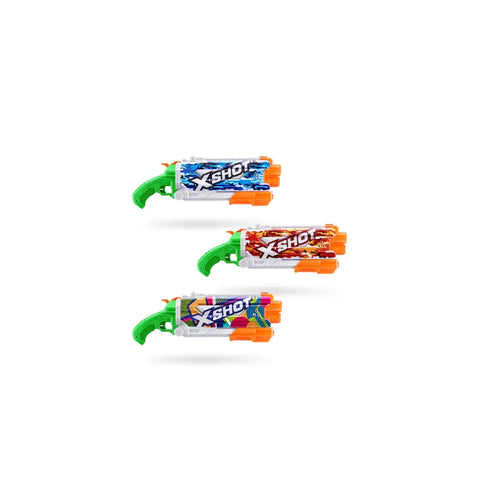 Set of three colorful pump-action water guns with assorted patterns on white background
