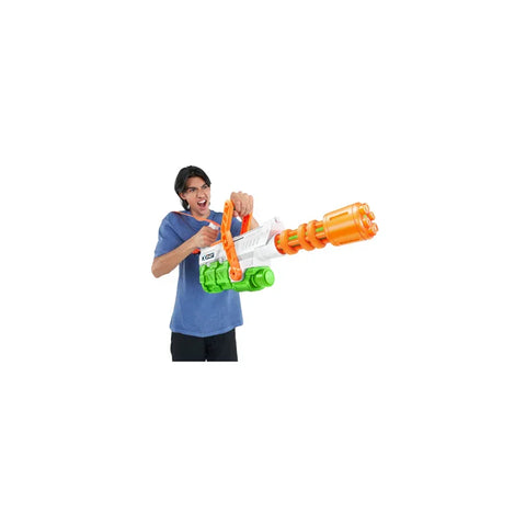 Person holding a large orange and green water gun toy, isolated on white background