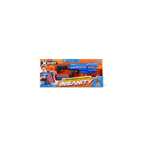 Motorised blue toy dart blaster with 72 darts in colorful packaging