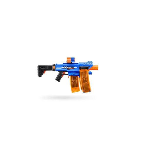 Motorised toy dart blaster with blue body and orange dart clips, suitable for kids' games