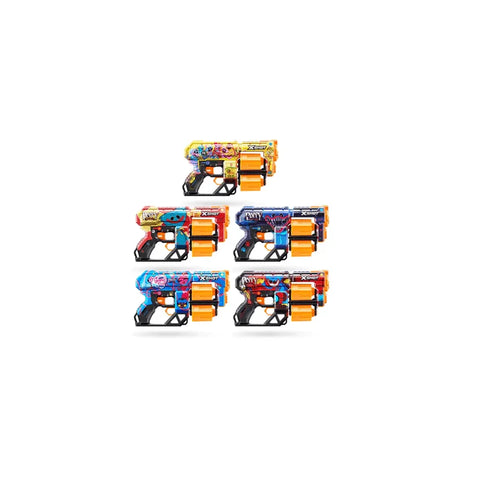 Assorted colorful toy dart blasters with graphic skins and orange barrels.