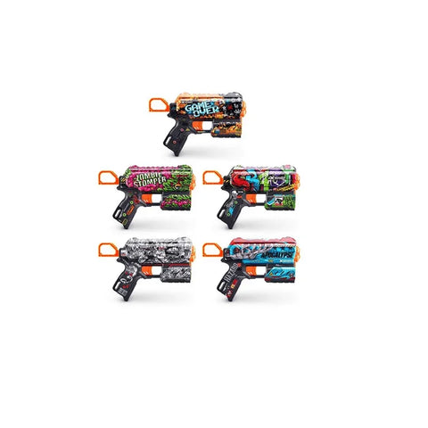 Colorful toy dart blasters with assorted graffiti designs, suitable for kids’ games and play