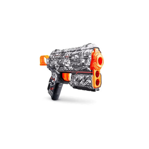 Toy dart blaster with black and white graphic design and orange accents on a white background