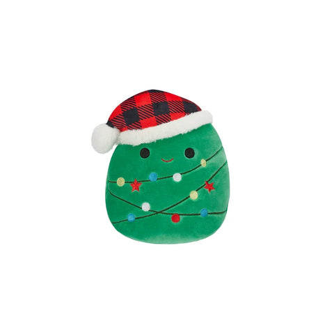 Plush Christmas tree toy with smiling face, holiday lights, and red plaid Santa hat