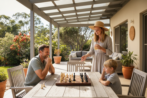Family playing chess outdoors on a patio