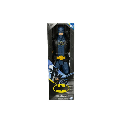 Batman blue action figure in costume with yellow belt, boxed collectible toy