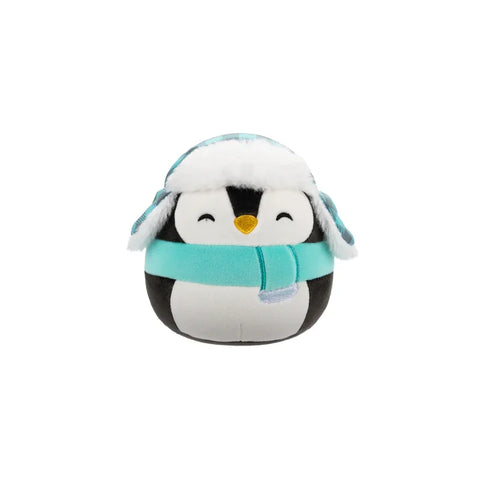Cute plush black penguin toy with teal winter hat and scarf, collectible stuffed animal