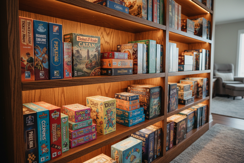 Wooden bookshelf filled with board game boxes in a living room setting