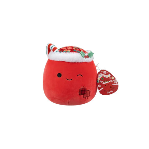 Red Christmas plush toy with winking face, festive Santa hat, and holiday tag