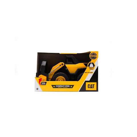 Toy compact steel wheel loader in yellow and black, displayed in packaging