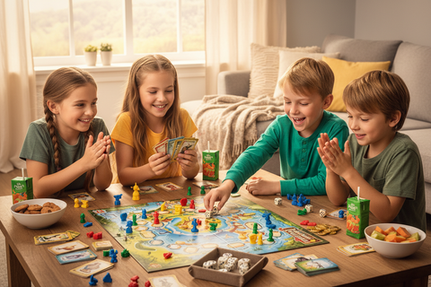 Four children playing a board game together in a cozy living room.