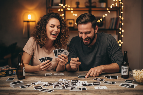 Man and woman playing cards together at a table with drinks and snacks.