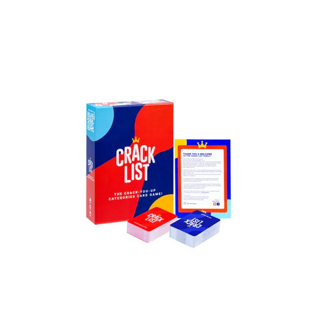 Crack List party card game box with instruction sheet and playing cards set.