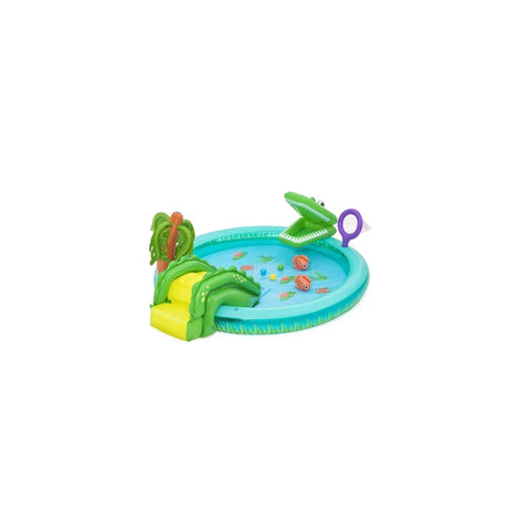 Inflatable crocodile play centre with slide, pool, and toy accents for kids