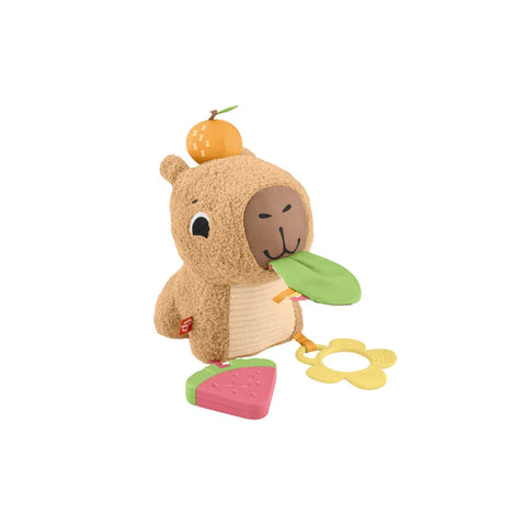 Plush capybara baby toy with fruit and teether accessories, sensory play for infants