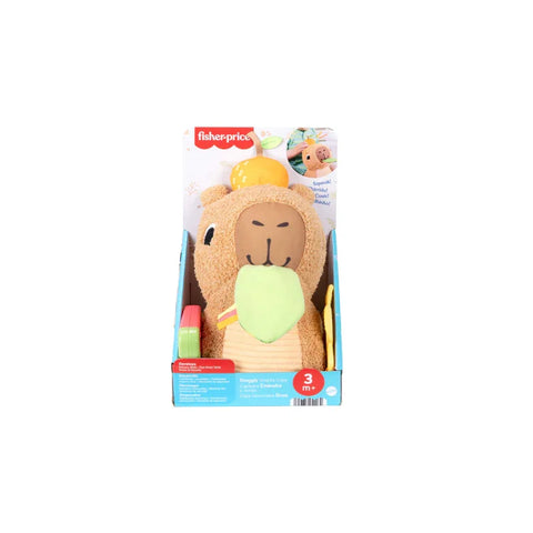 Soft plush capybara baby toy with textured teether accessories in retail packaging