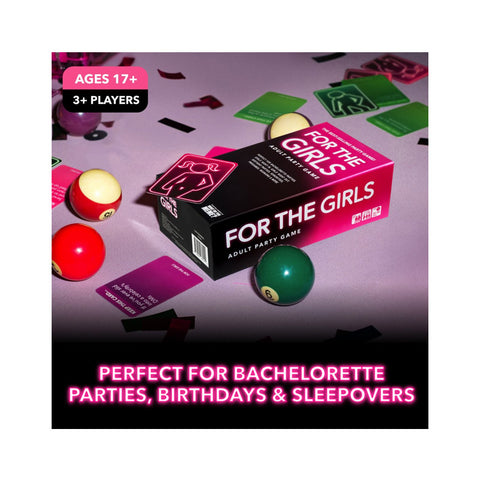 Board game box titled 'For the Girls' with game pieces on a table.
