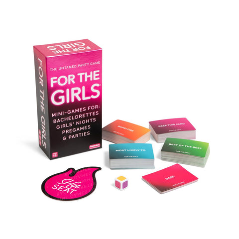 Board game set for 'For the Girls' with cards and a box on a white background