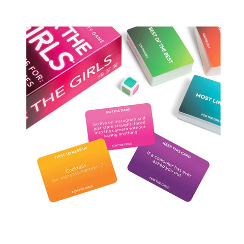 Colorful card game for 'The Girls' with cards and a pink box on a white background