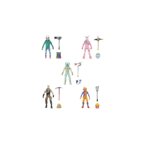 Fortnite action figures with accessories and collectible toys displayed on white background