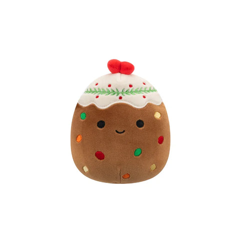 Cute fruitcake plush toy with embroidered smile, colorful spots, icing, and red berry topper
