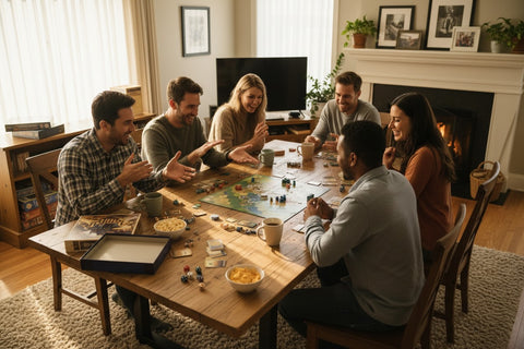 Group of friends playing a board game together in a cozy living room.