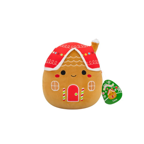 Plush gingerbread house toy with red roof and candy accents, perfect for holiday gifts